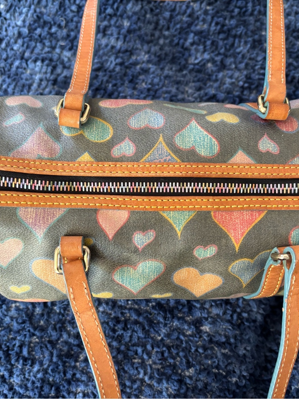 Dooney & Bourke Multicolor Heart Print Barrel Bag with Tan Trim - Picture 4 of 8
